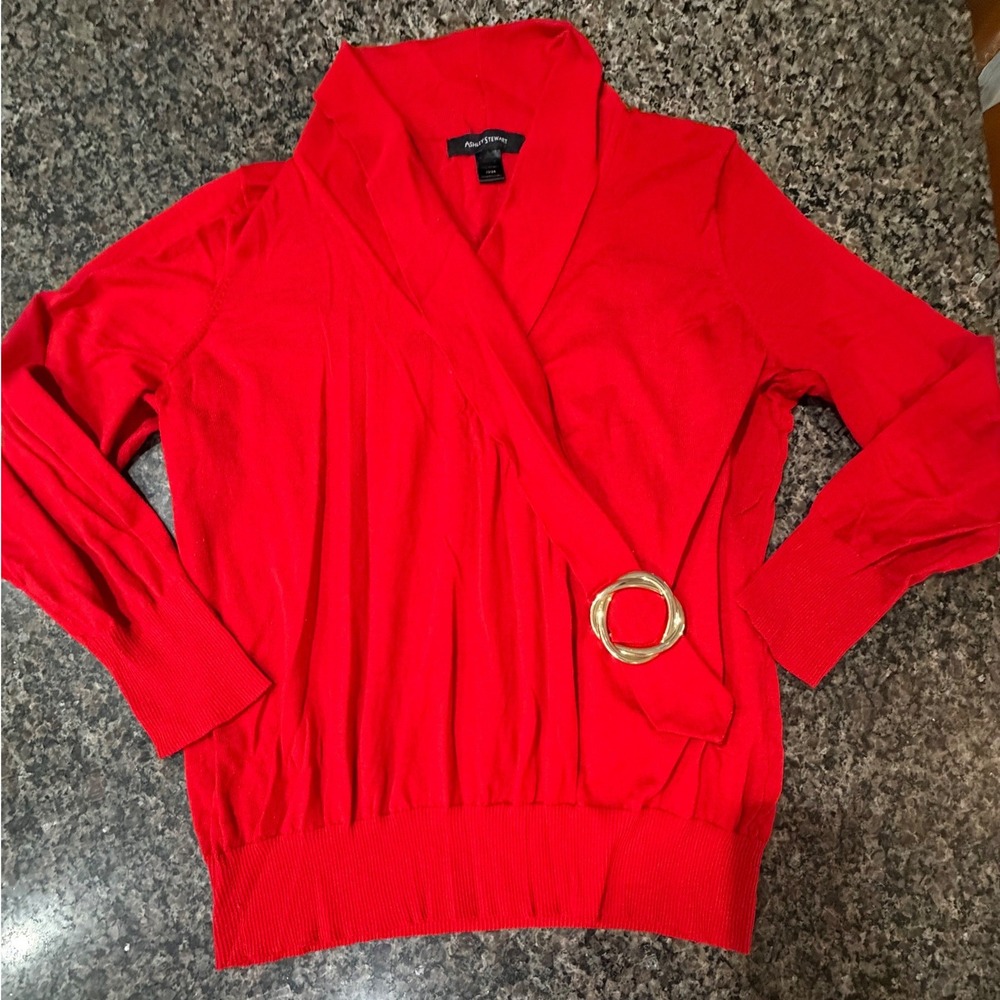 Ashley Stewart Red Wrap Front Sweater Gold Ring Buckle 22/24 Plus Size